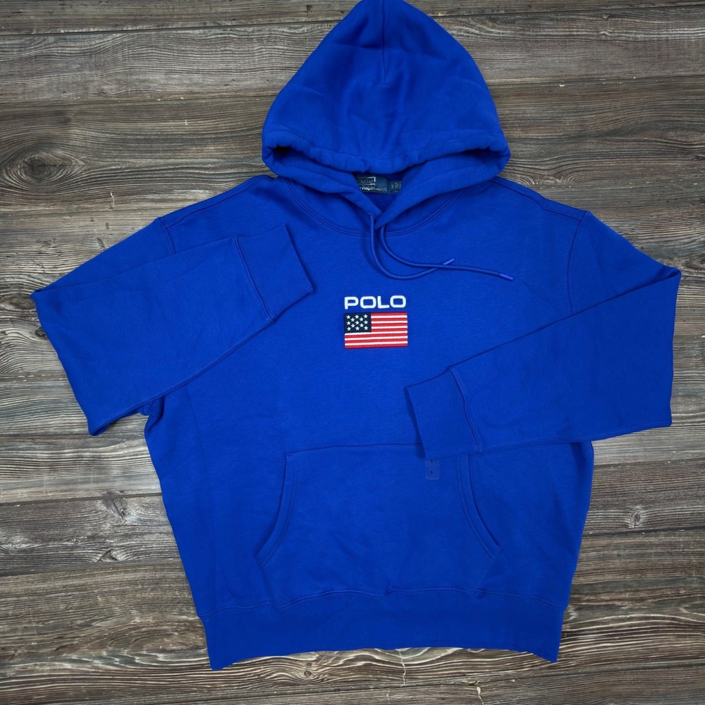 Polo Ralph Lauren Men Size Large Hoodie Royal Blue USA Flag Graphic Pullover